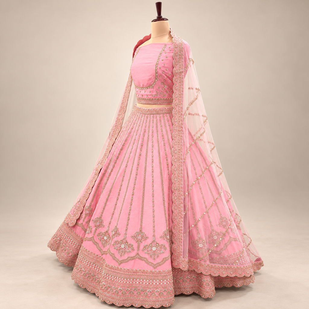 Rose Pink Embellished Lehenga Set with Scalloped Dupatta