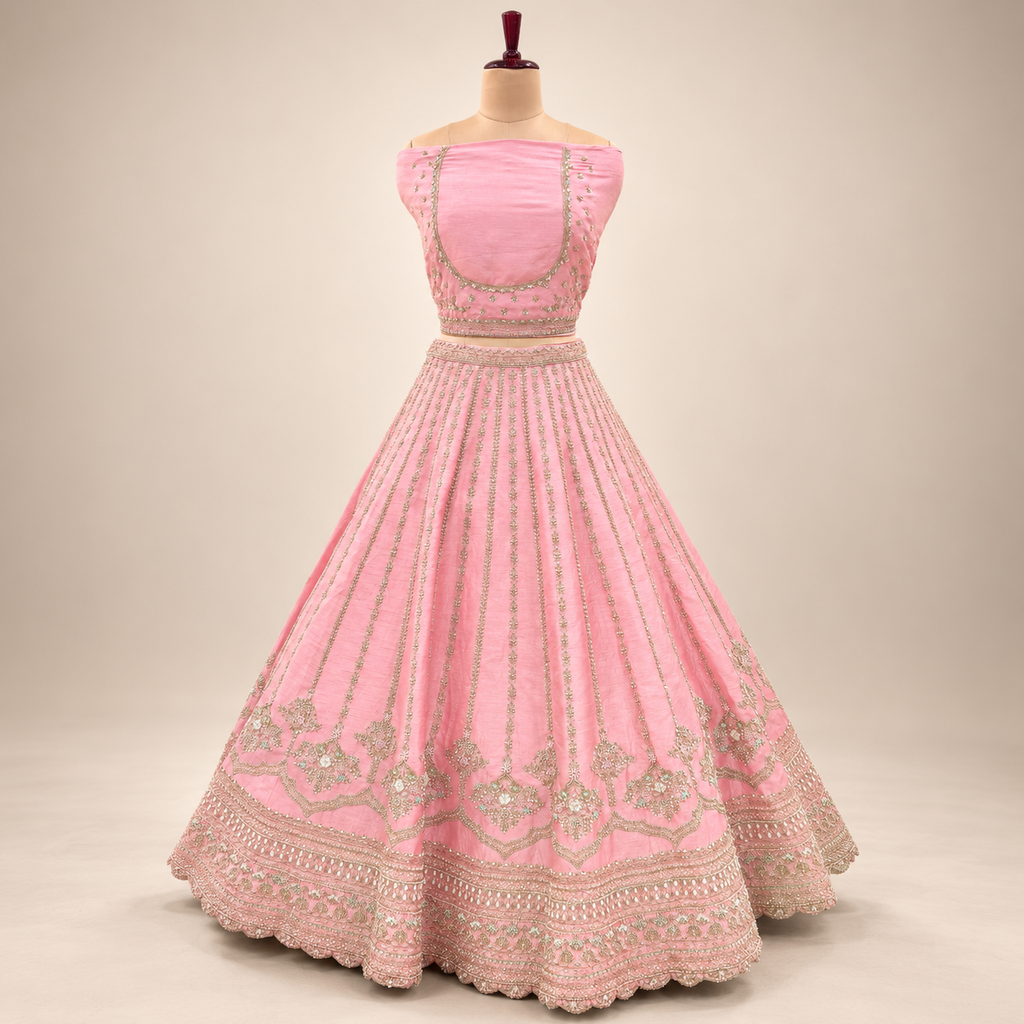 Rose Pink Embellished Lehenga Set with Scalloped Dupatta