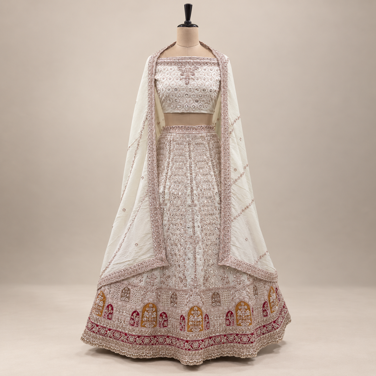 IVORY CREAM BRIDAL LEHENGA WITH WINE & MUSTARD MOTIF DETAILING