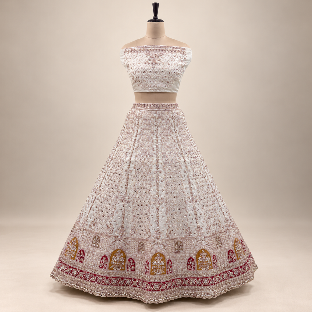 IVORY CREAM BRIDAL LEHENGA WITH WINE & MUSTARD MOTIF DETAILING