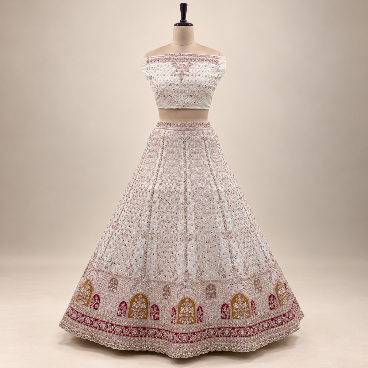 IVORY CREAM BRIDAL LEHENGA WITH WINE & MUSTARD MOTIF DETAILING