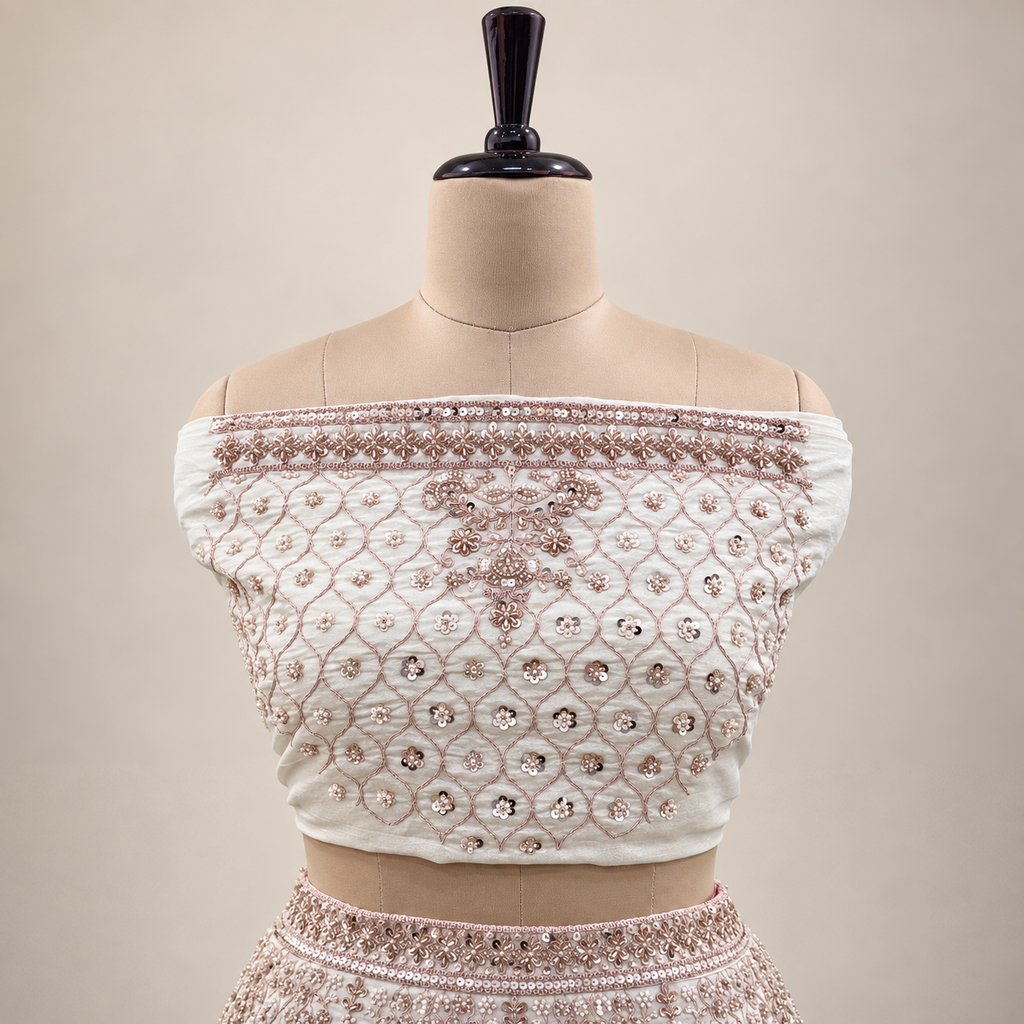 IVORY CREAM BRIDAL LEHENGA WITH WINE & MUSTARD MOTIF DETAILING