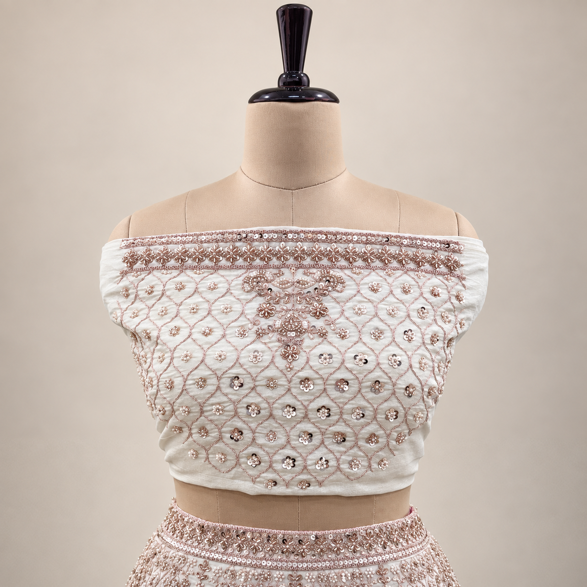 IVORY CREAM BRIDAL LEHENGA WITH WINE & MUSTARD MOTIF DETAILING