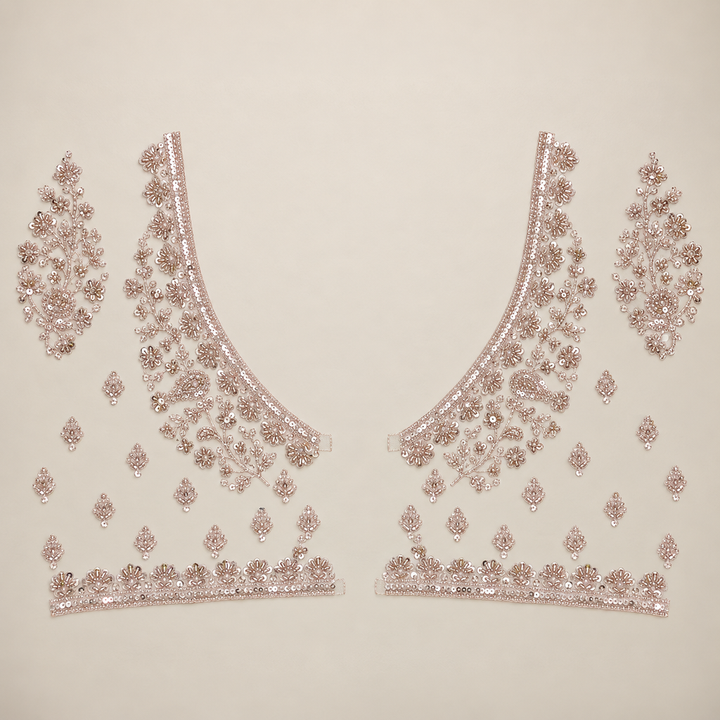 IVORY CREAM BRIDAL LEHENGA WITH WINE & MUSTARD MOTIF DETAILING