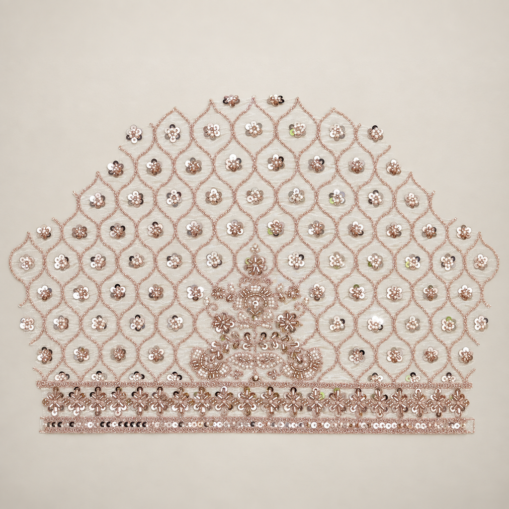 IVORY CREAM BRIDAL LEHENGA WITH WINE & MUSTARD MOTIF DETAILING