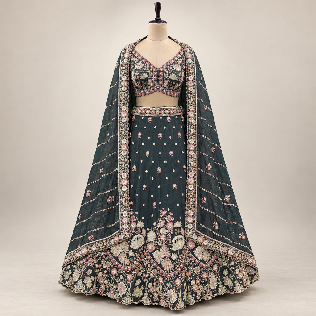 Emerald Green Royal Floral Embroidered Bridal Lehenga Set