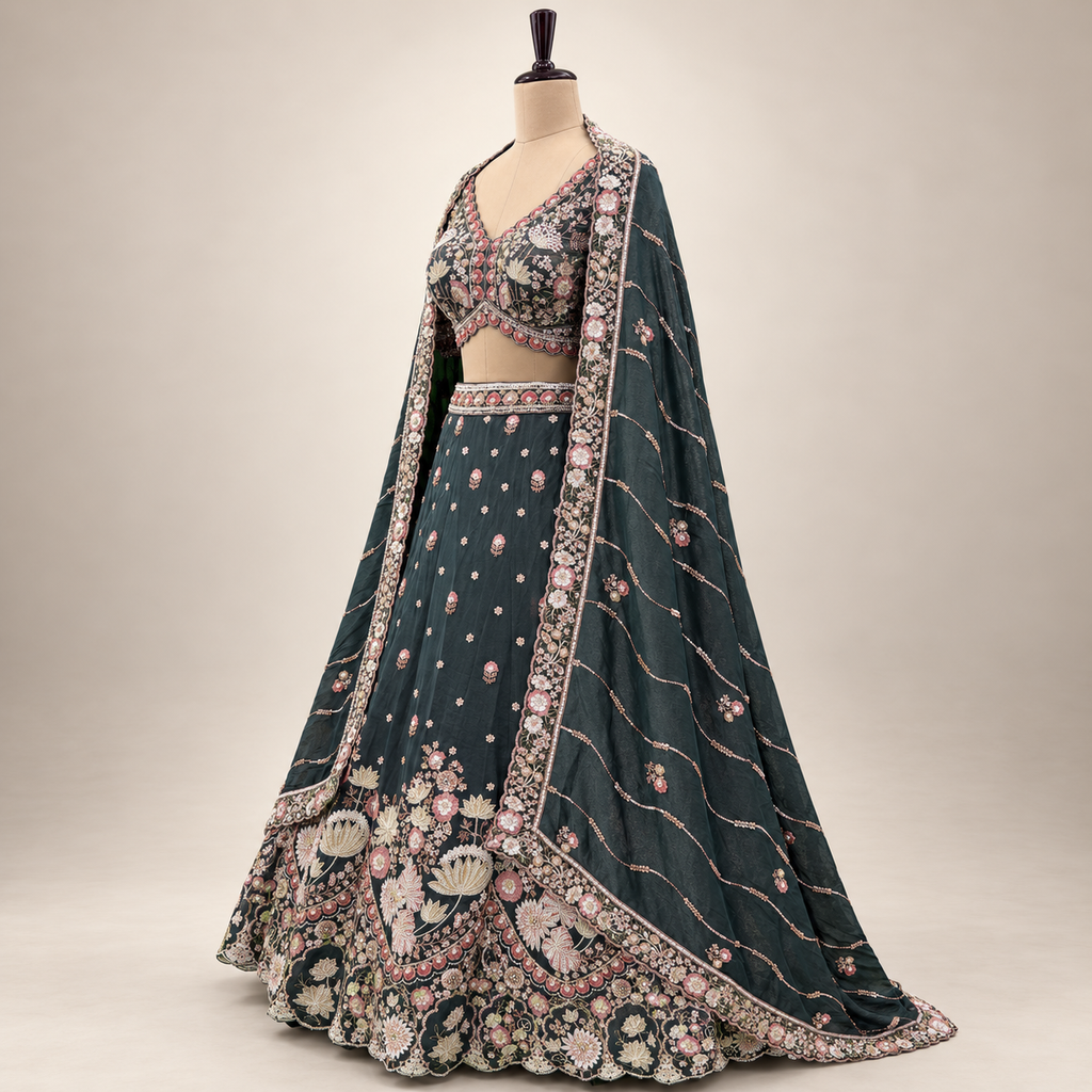 Emerald Green Royal Floral Embroidered Bridal Lehenga Set