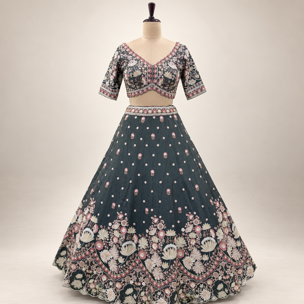 Emerald Green Royal Floral Embroidered Bridal Lehenga Set