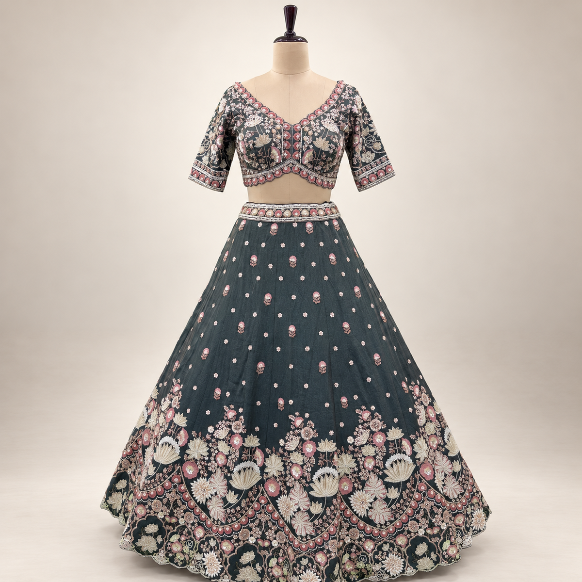 Emerald Green Royal Floral Embroidered Bridal Lehenga Set