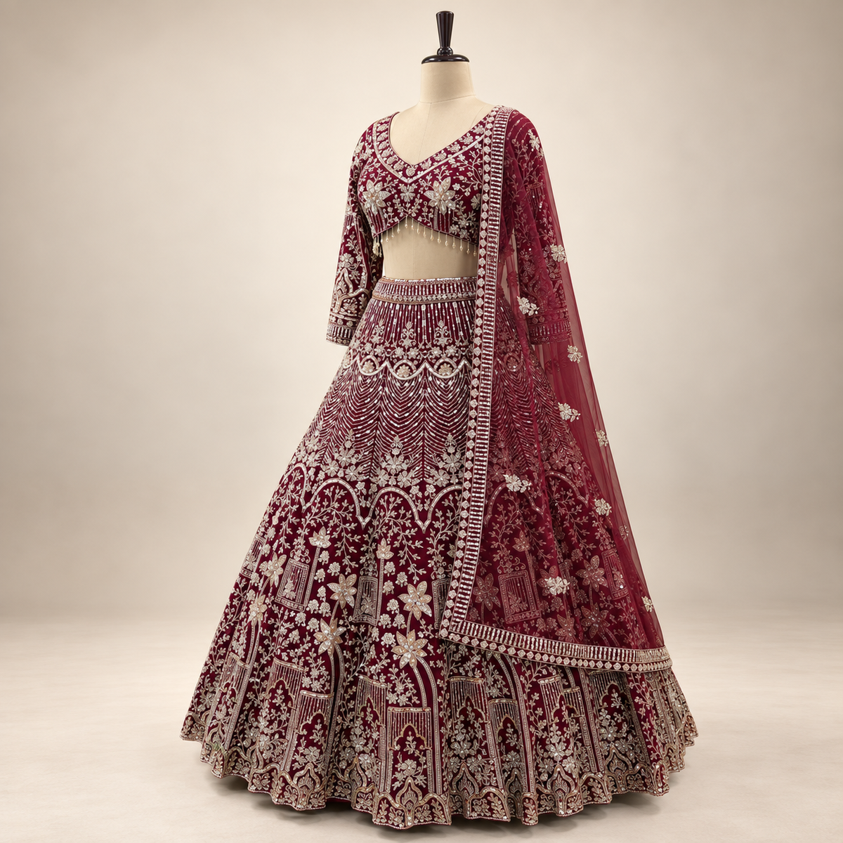 Deep Maroon Intricately Embellished Bridal Lehenga Set with Dupatta