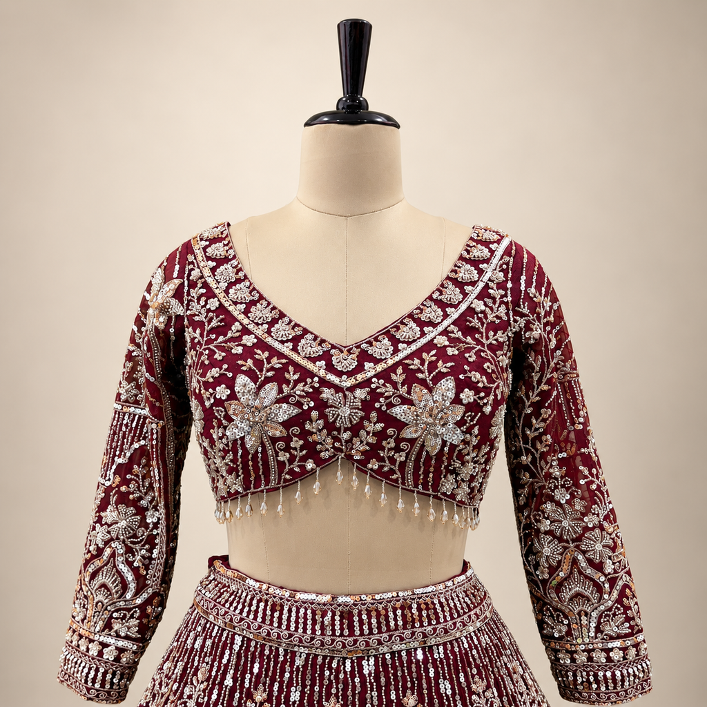 Deep Maroon Intricately Embellished Bridal Lehenga Set with Dupatta
