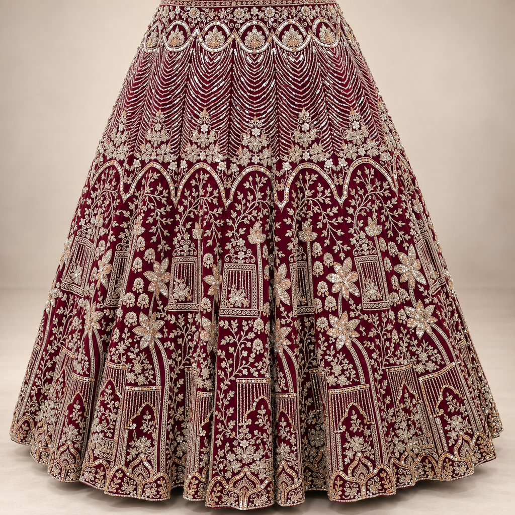 Deep Maroon Intricately Embellished Bridal Lehenga Set with Dupatta