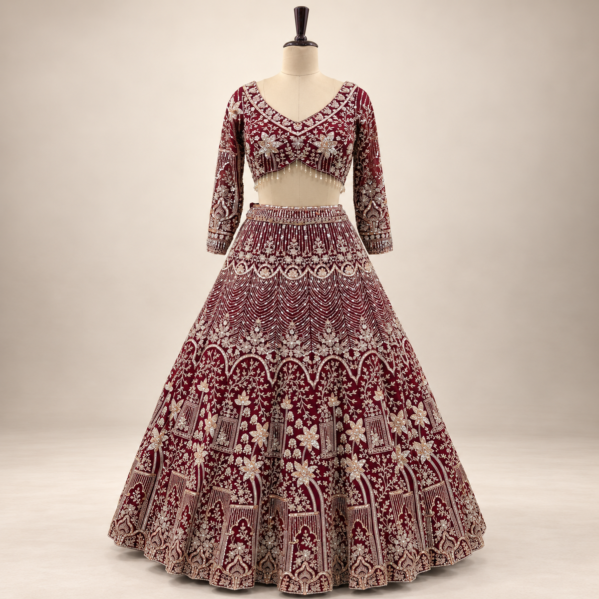 Deep Maroon Intricately Embellished Bridal Lehenga Set with Dupatta