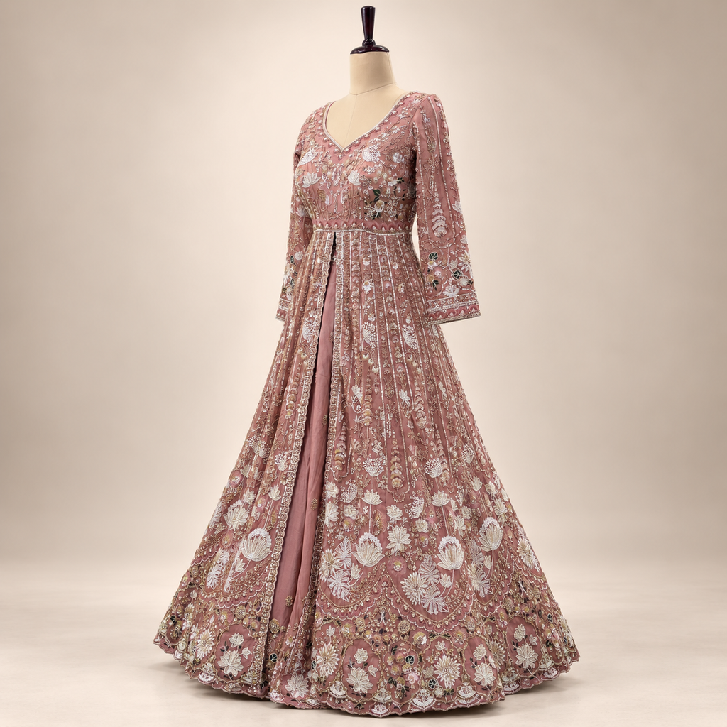 Pink Shimmer Embroidered Bridal Gown with Dupatta