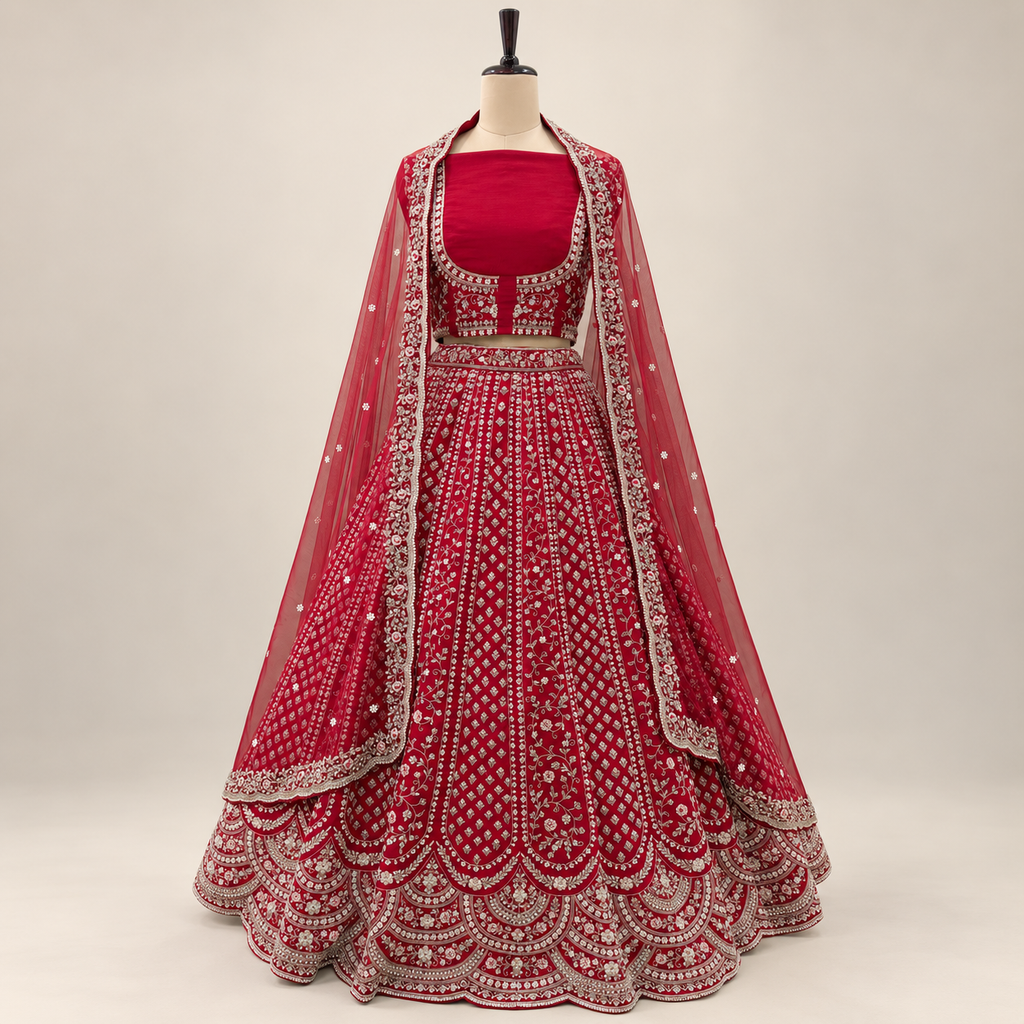 Deep Red Floral Embroidered Bridal Lehenga