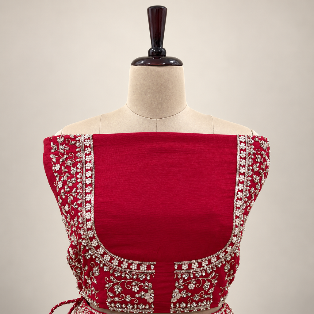 Deep Red Floral Embroidered Bridal Lehenga