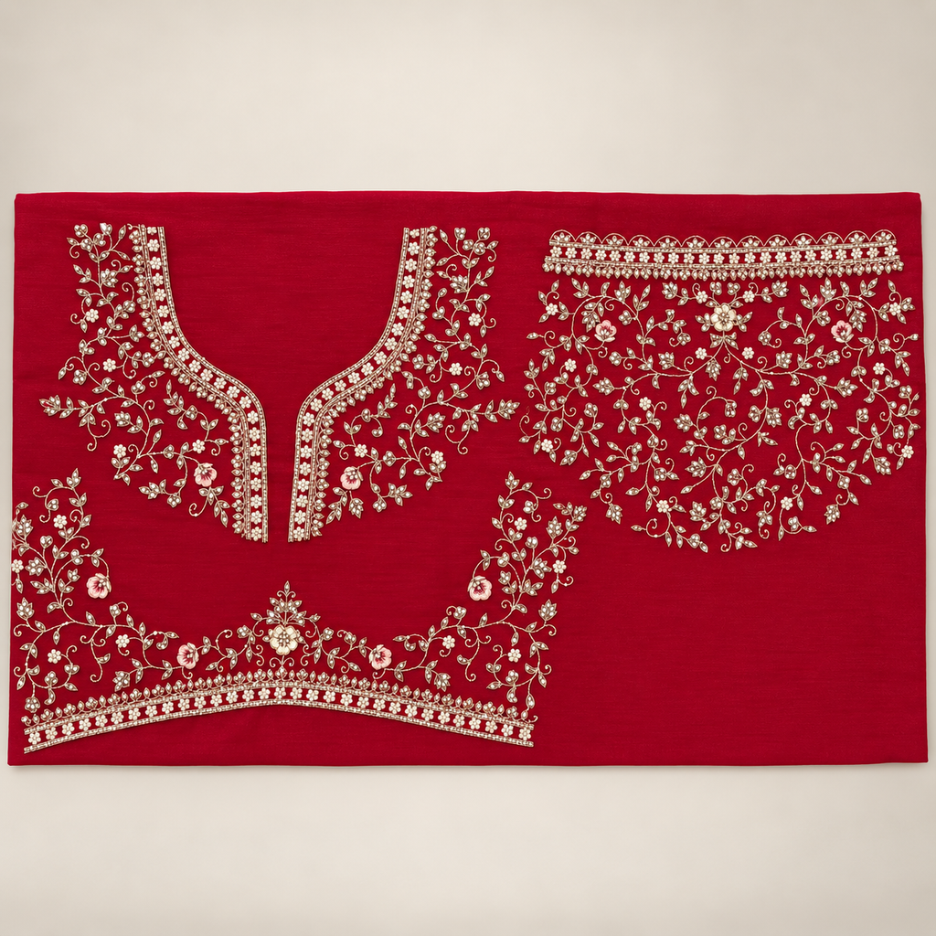 Deep Red Floral Embroidered Bridal Lehenga