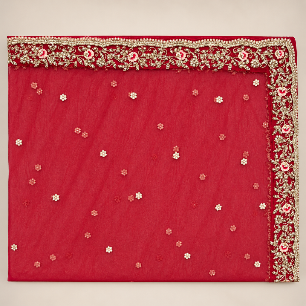 Deep Red Floral Embroidered Bridal Lehenga
