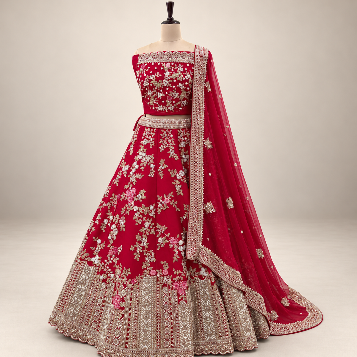 Deep Red Floral & Ornate Border Embroidered Lehenga