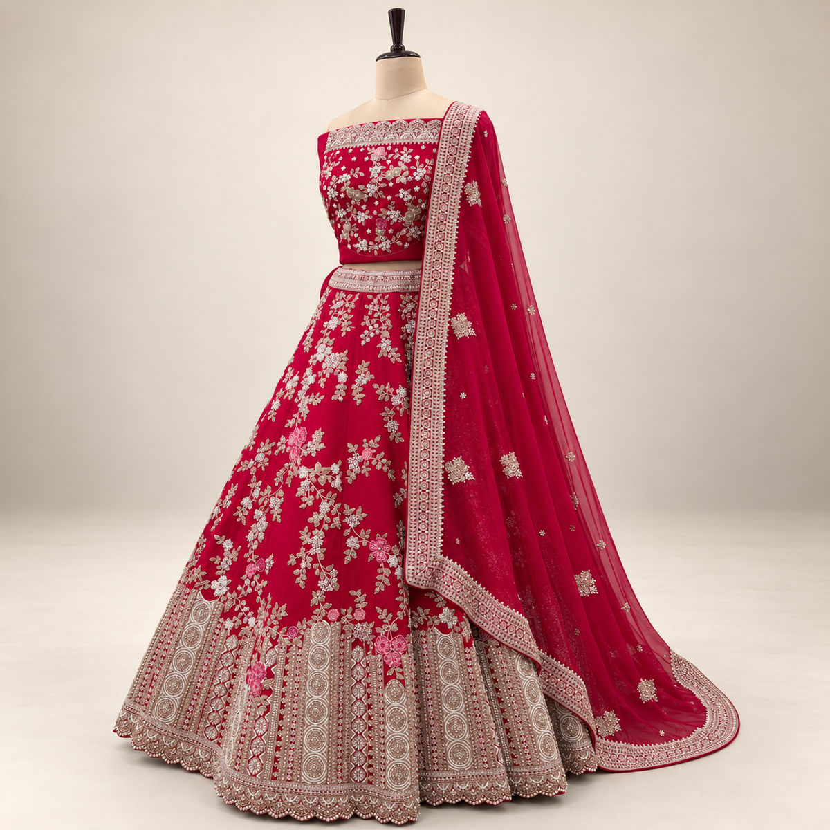 Deep Red Floral & Ornate Border Embroidered Lehenga