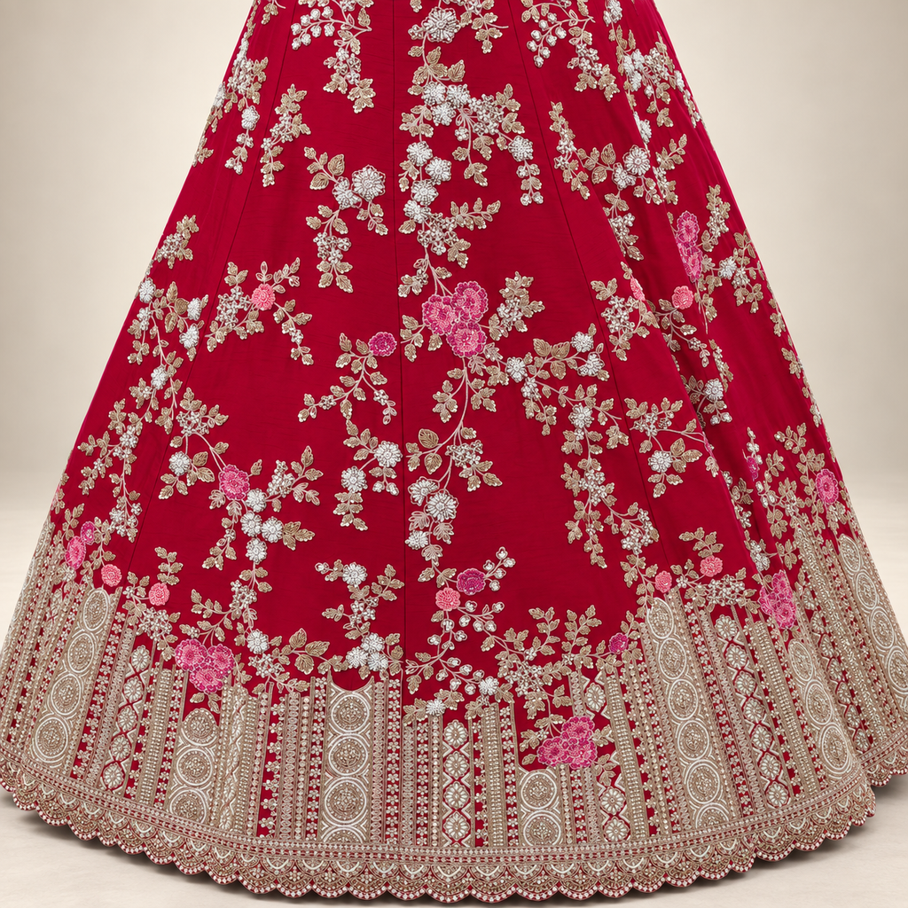 Deep Red Floral & Ornate Border Embroidered Lehenga