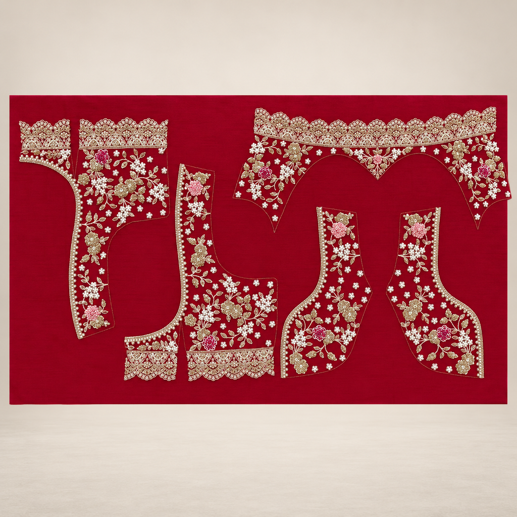 Deep Red Floral & Ornate Border Embroidered Lehenga