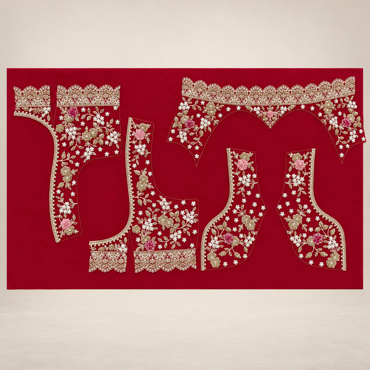 Deep Red Floral & Ornate Border Embroidered Lehenga