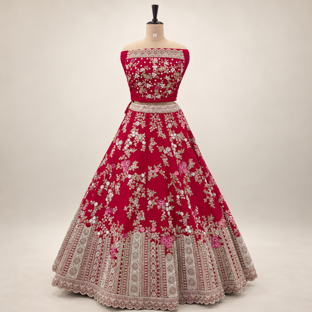 Deep Red Floral & Ornate Border Embroidered Lehenga