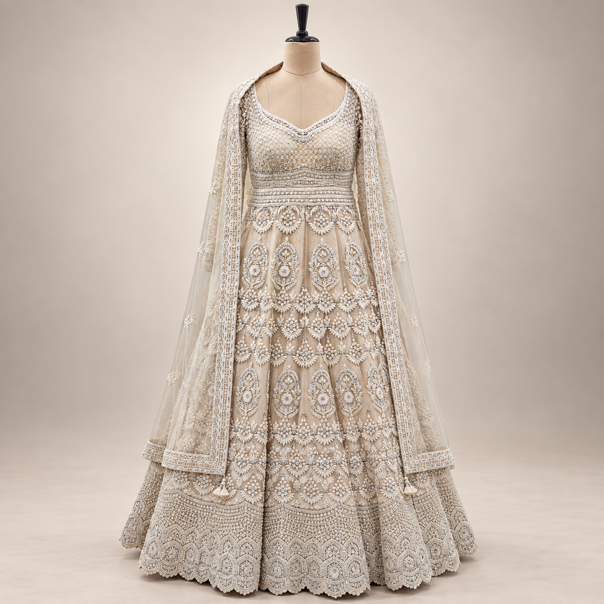 Ivory Cream Embroidered Gown with Sheer Dupatta