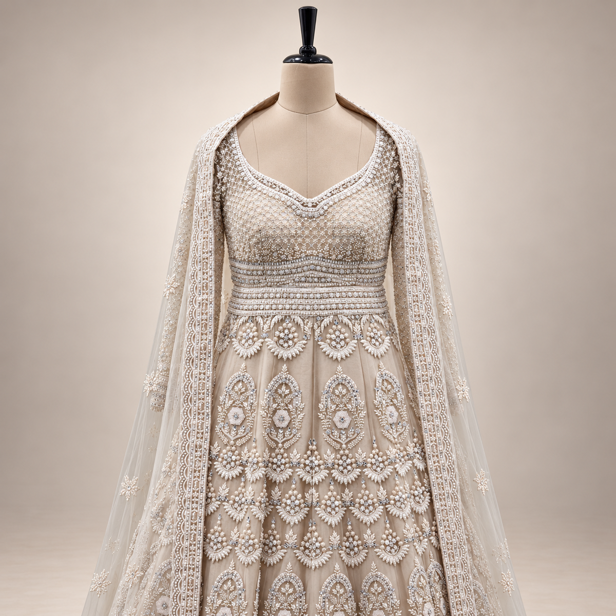 Ivory Cream Embroidered Gown with Sheer Dupatta
