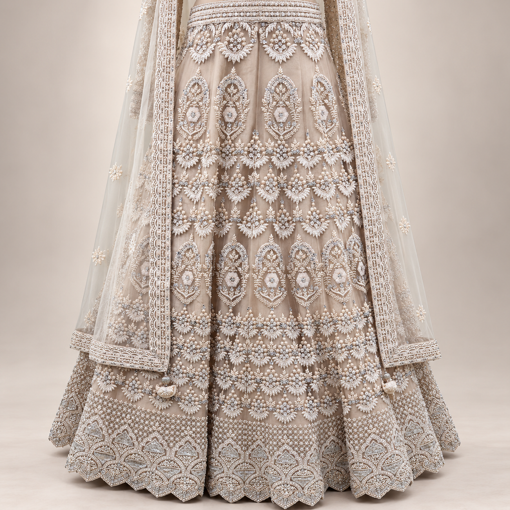 Ivory Cream Embroidered Gown with Sheer Dupatta