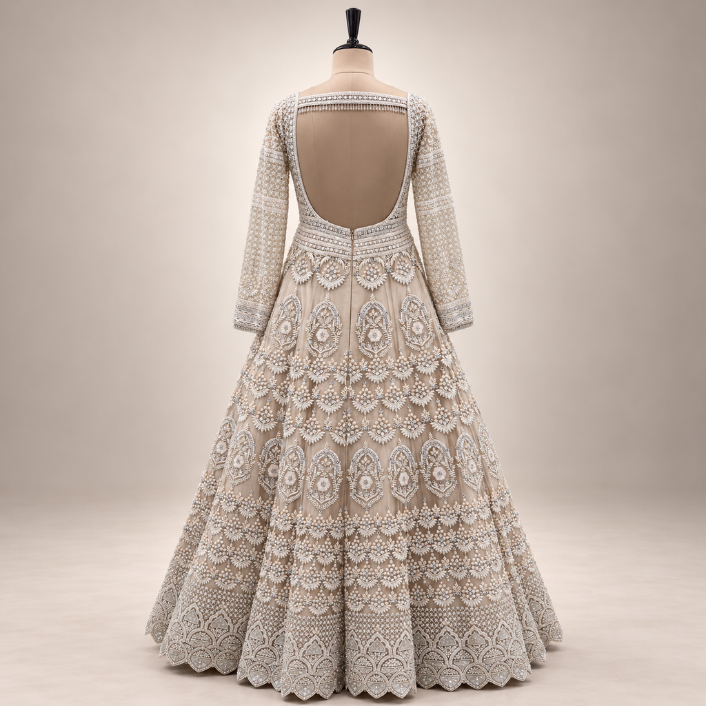 Ivory Cream Embroidered Gown with Sheer Dupatta