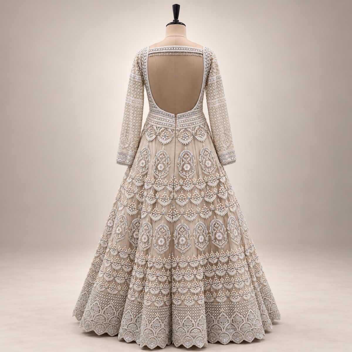 Ivory Cream Embroidered Gown with Sheer Dupatta