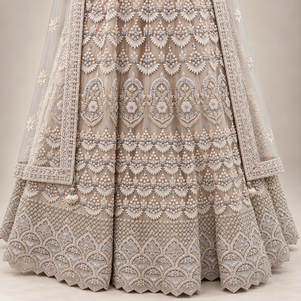 Ivory Cream Embroidered Gown with Sheer Dupatta