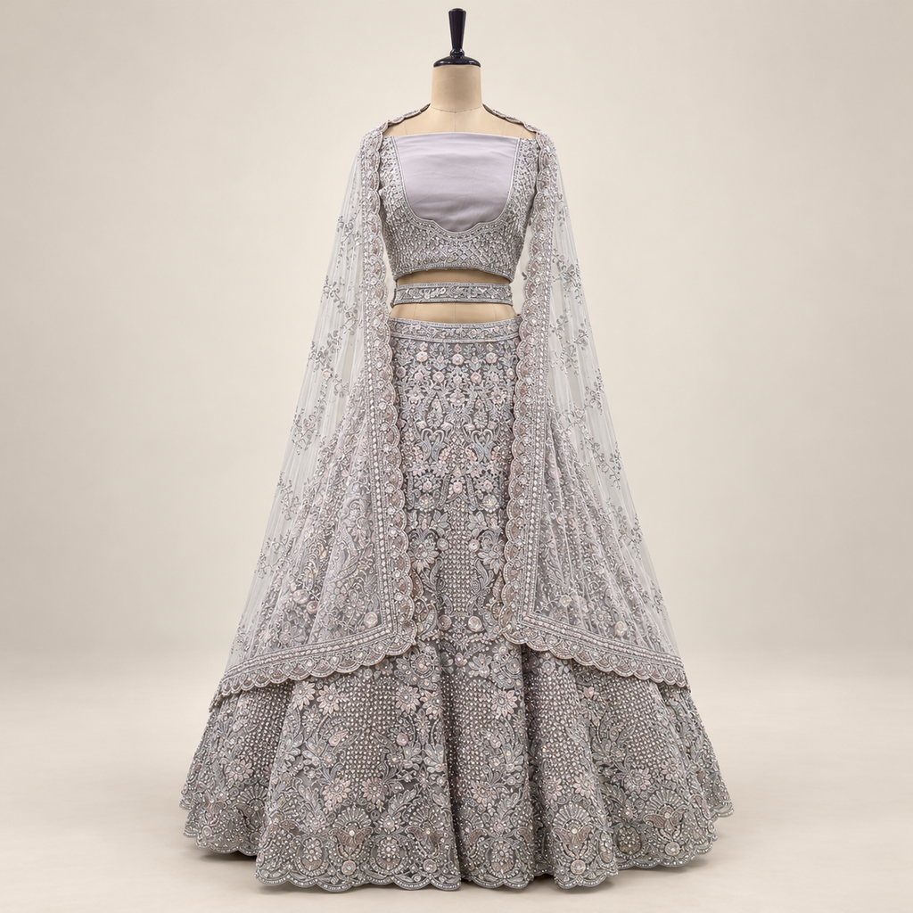 Silver Grey Embellished Bridal Lehenga Set