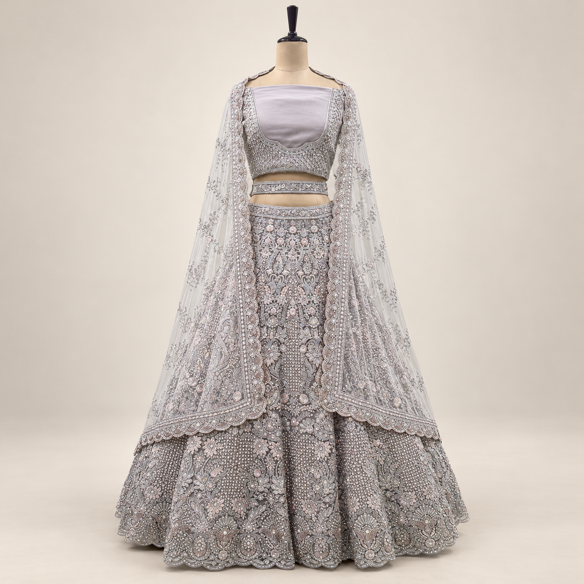 Silver Grey Embellished Bridal Lehenga Set