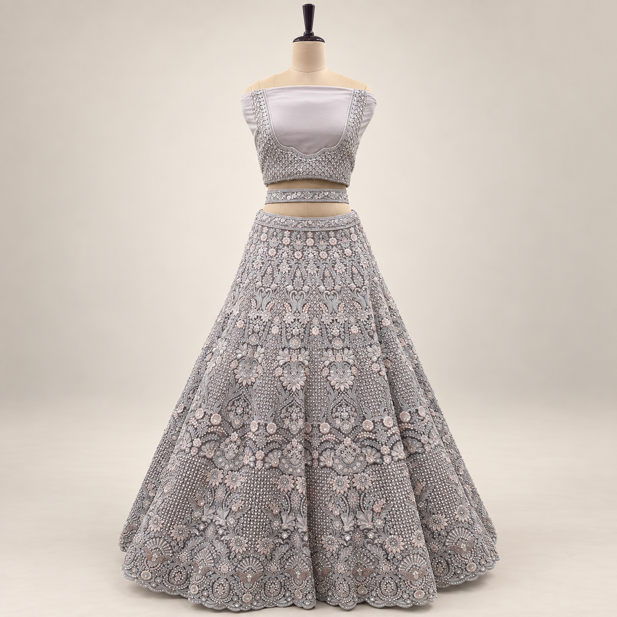 Silver Grey Embellished Bridal Lehenga Set