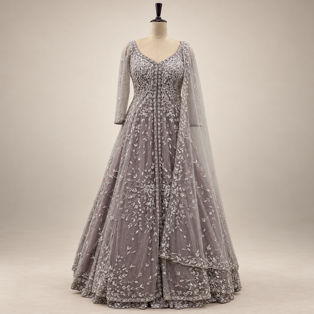 Grey Embroidered Front-Cut Gown with Floral Detailing