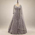 Grey Embroidered Front-Cut Gown with Floral Detailing