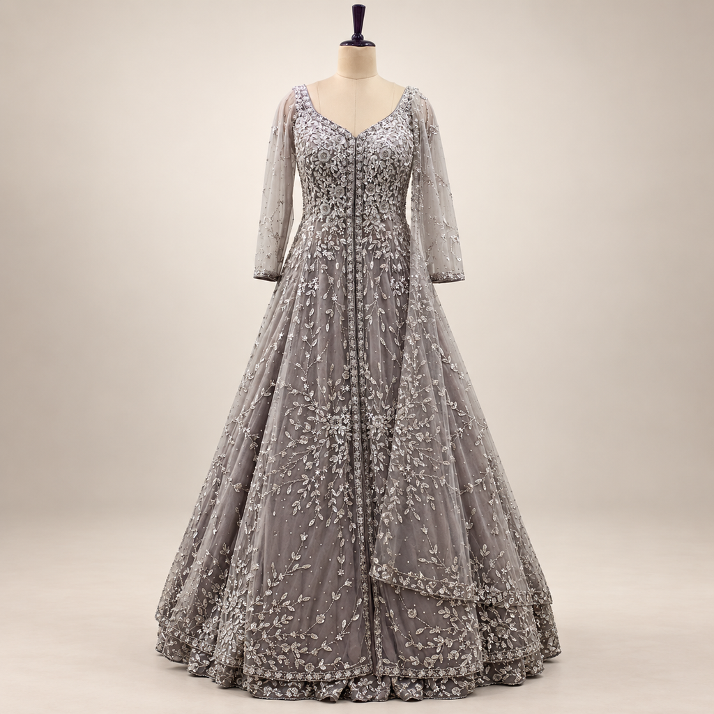 Grey Embroidered Front-Cut Gown with Floral Detailing
