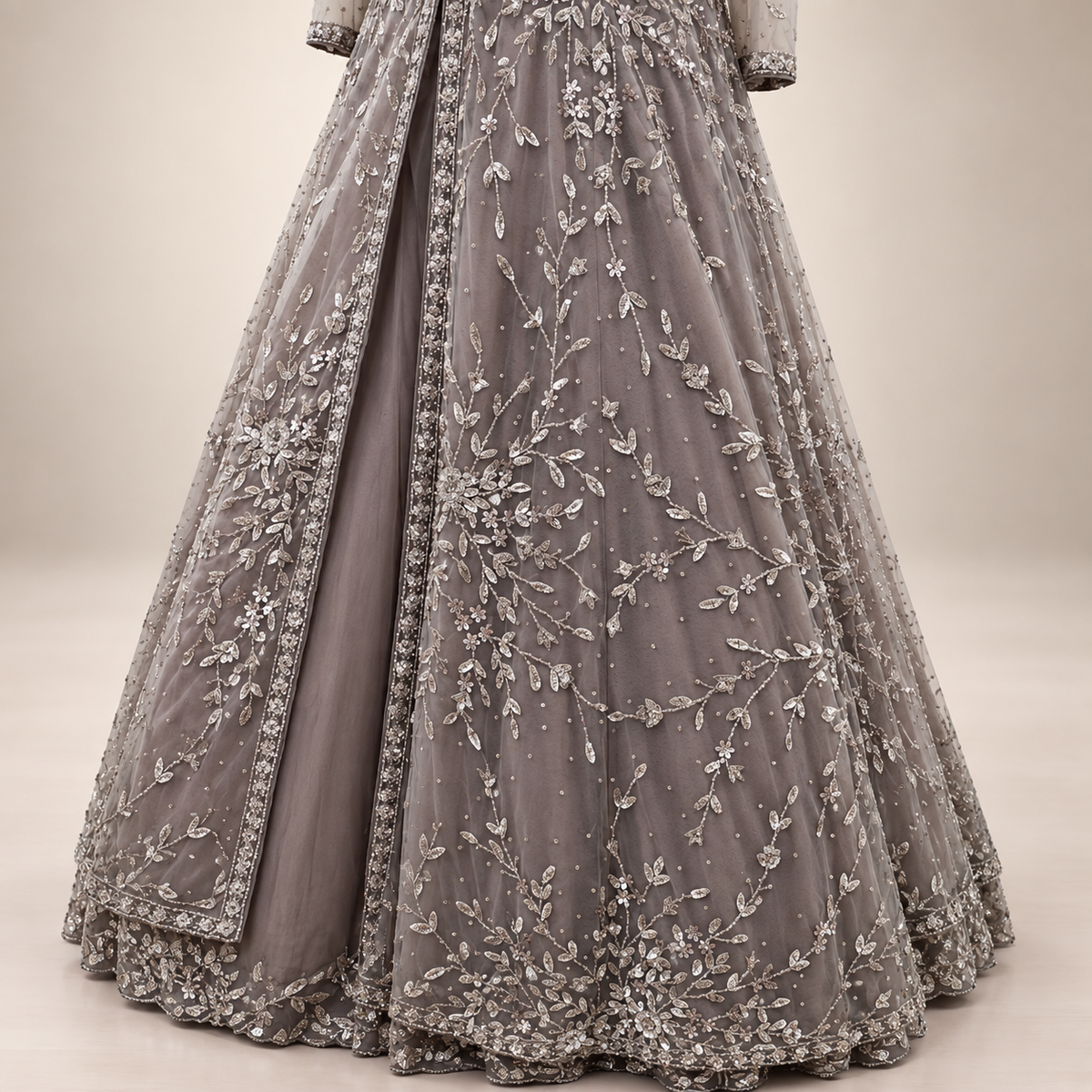 Grey Embroidered Front-Cut Gown with Floral Detailing