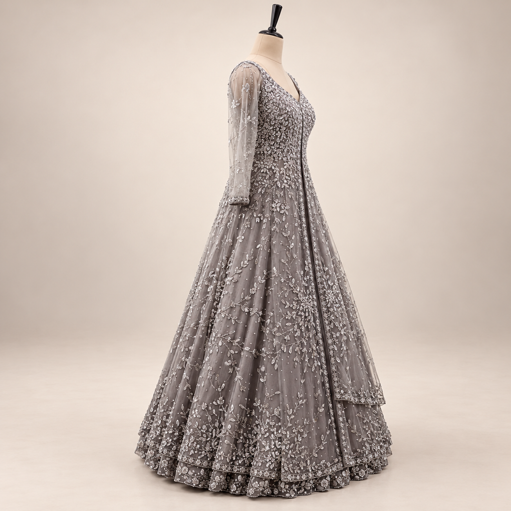 Grey Embroidered Front-Cut Gown with Floral Detailing