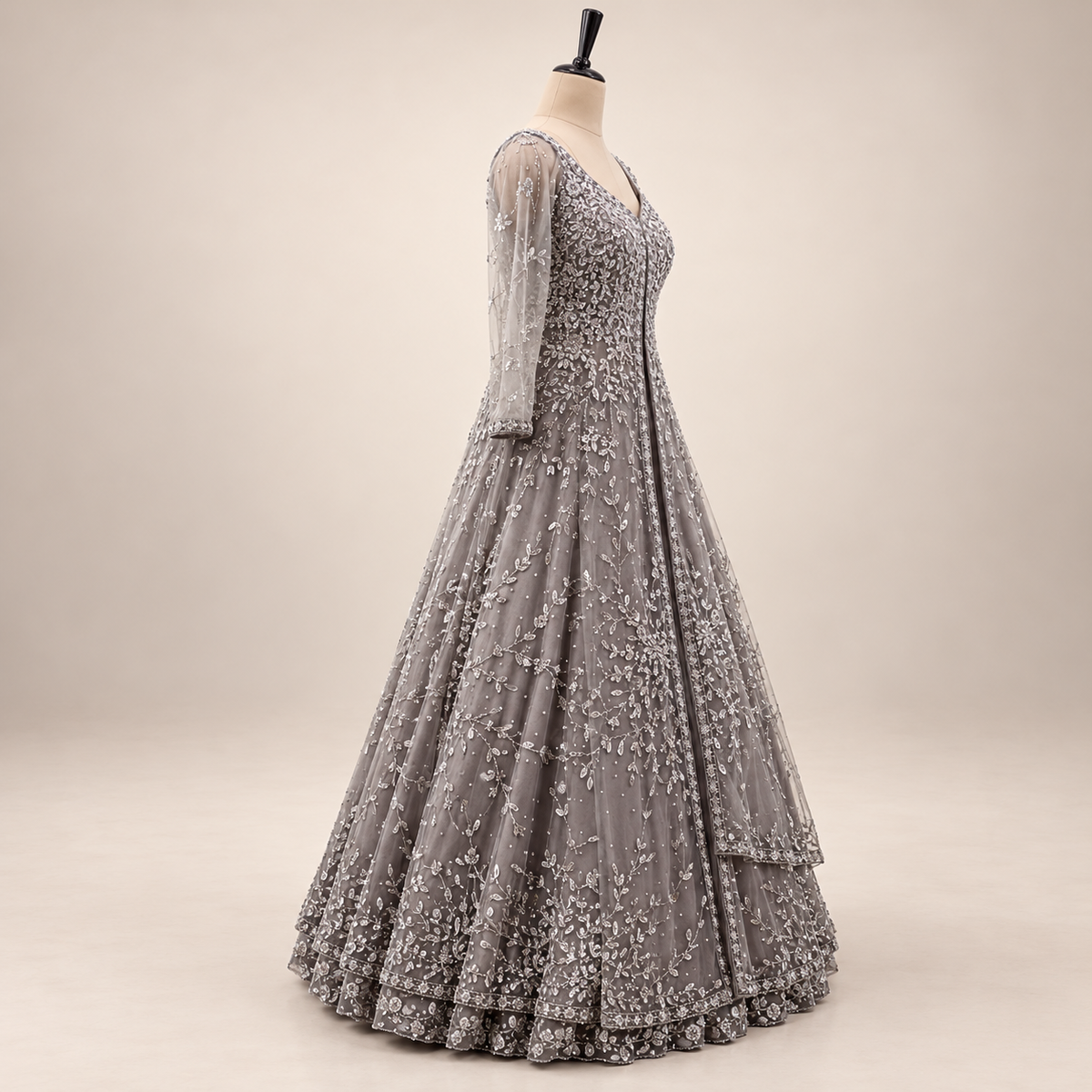 Grey Embroidered Front-Cut Gown with Floral Detailing