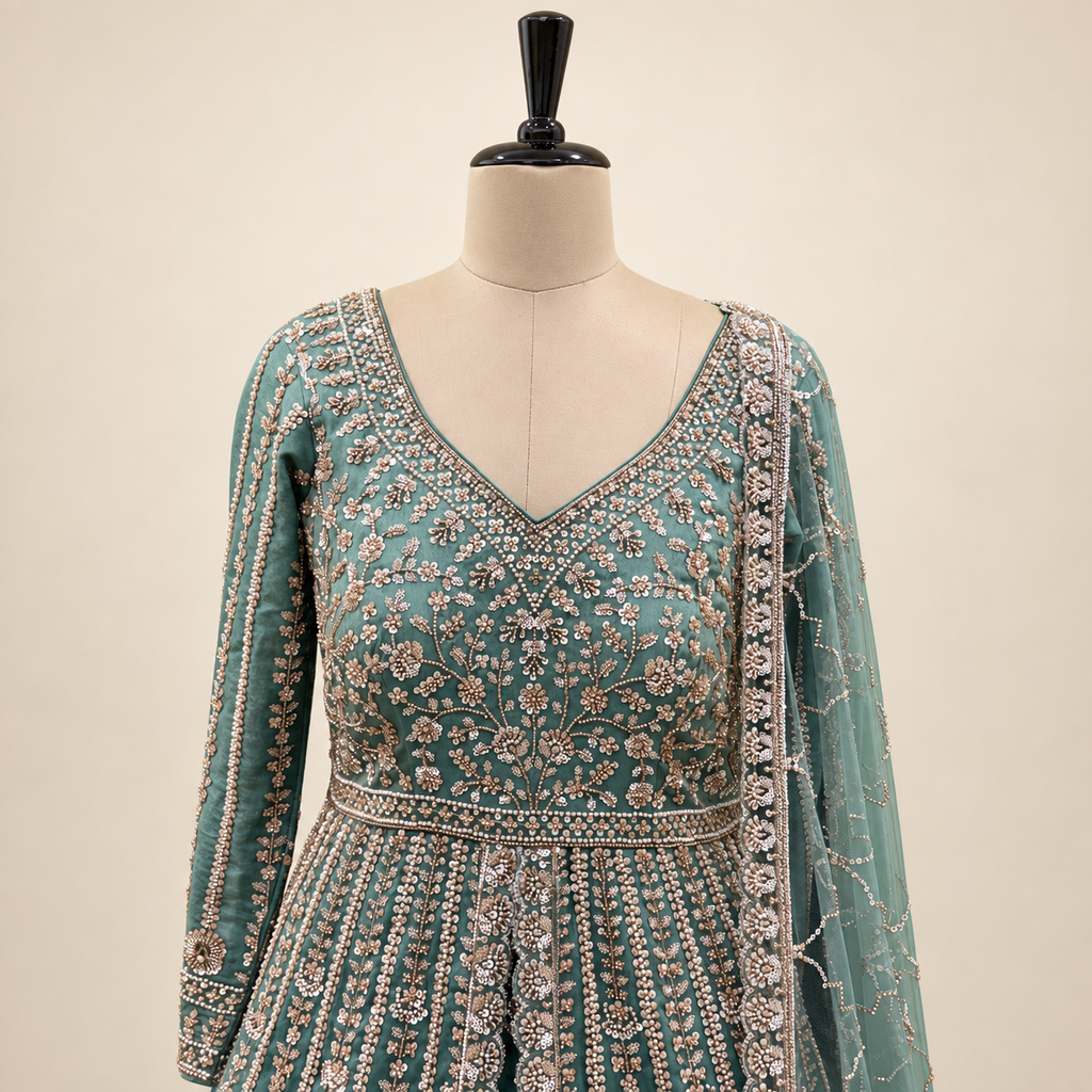Emerald Green Embellished Front-Cut Gown with Dupatta