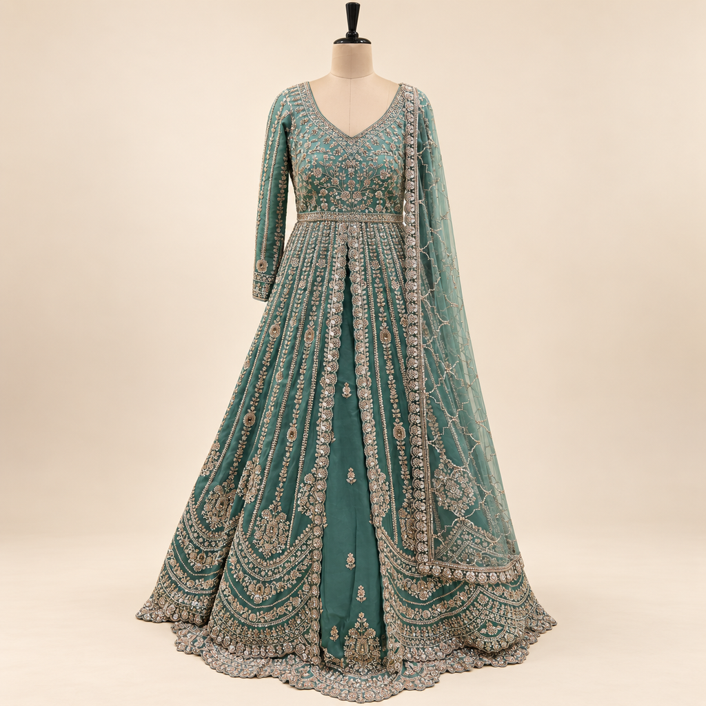 Emerald Green Embellished Front-Cut Gown with Dupatta