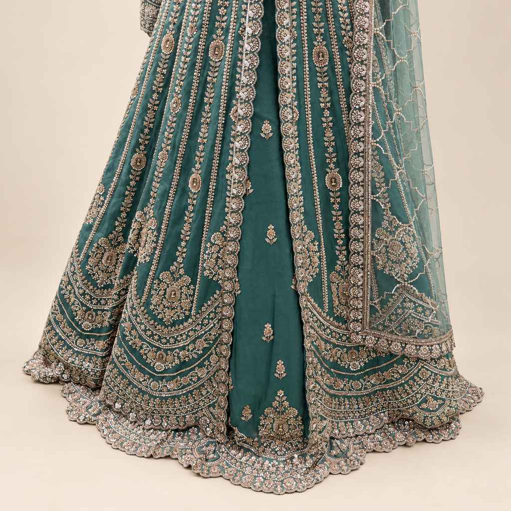 Emerald Green Embellished Front-Cut Gown with Dupatta