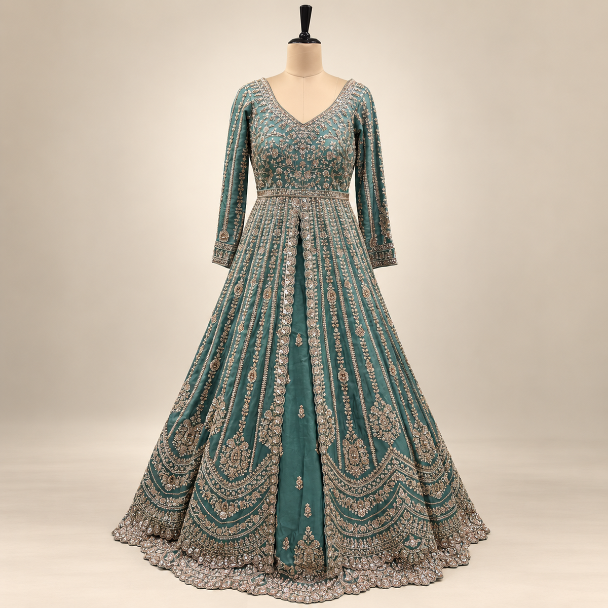 Emerald Green Embellished Front-Cut Gown with Dupatta