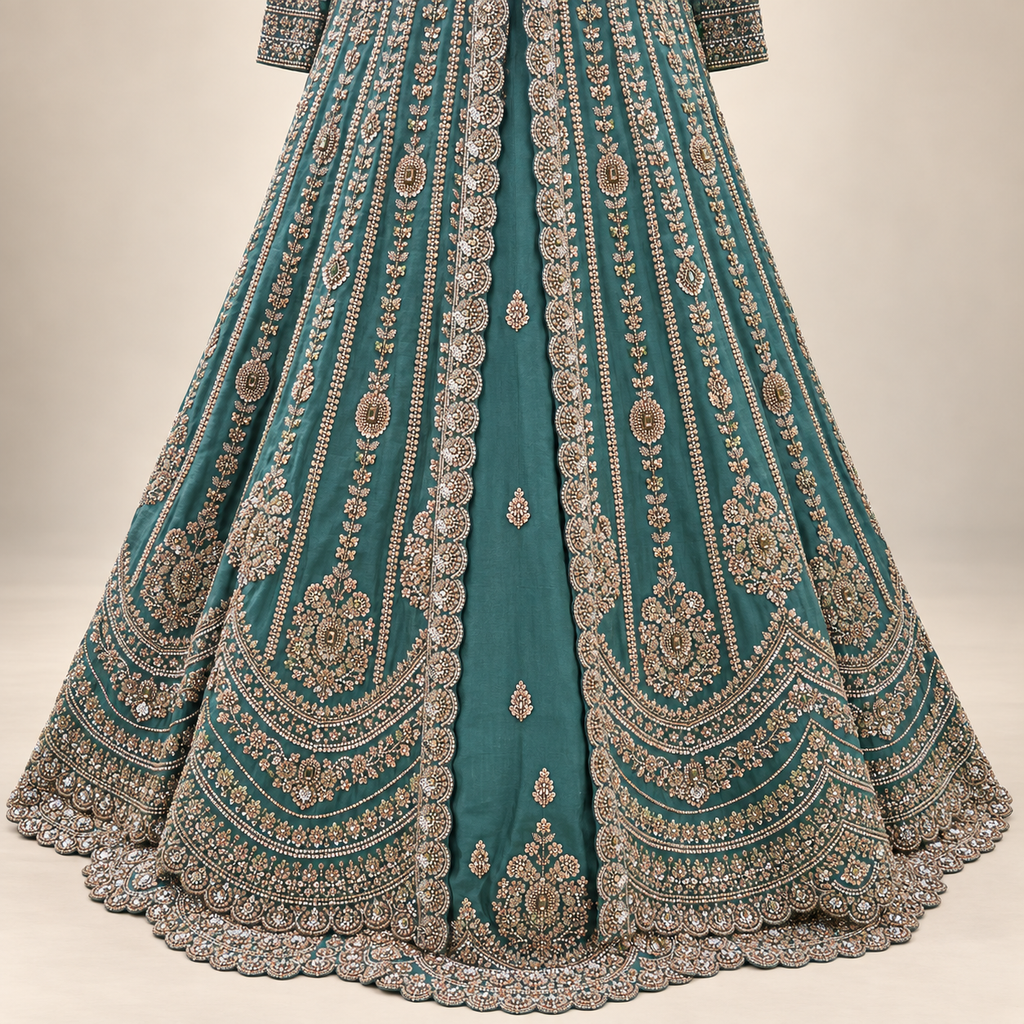 Emerald Green Embellished Front-Cut Gown with Dupatta
