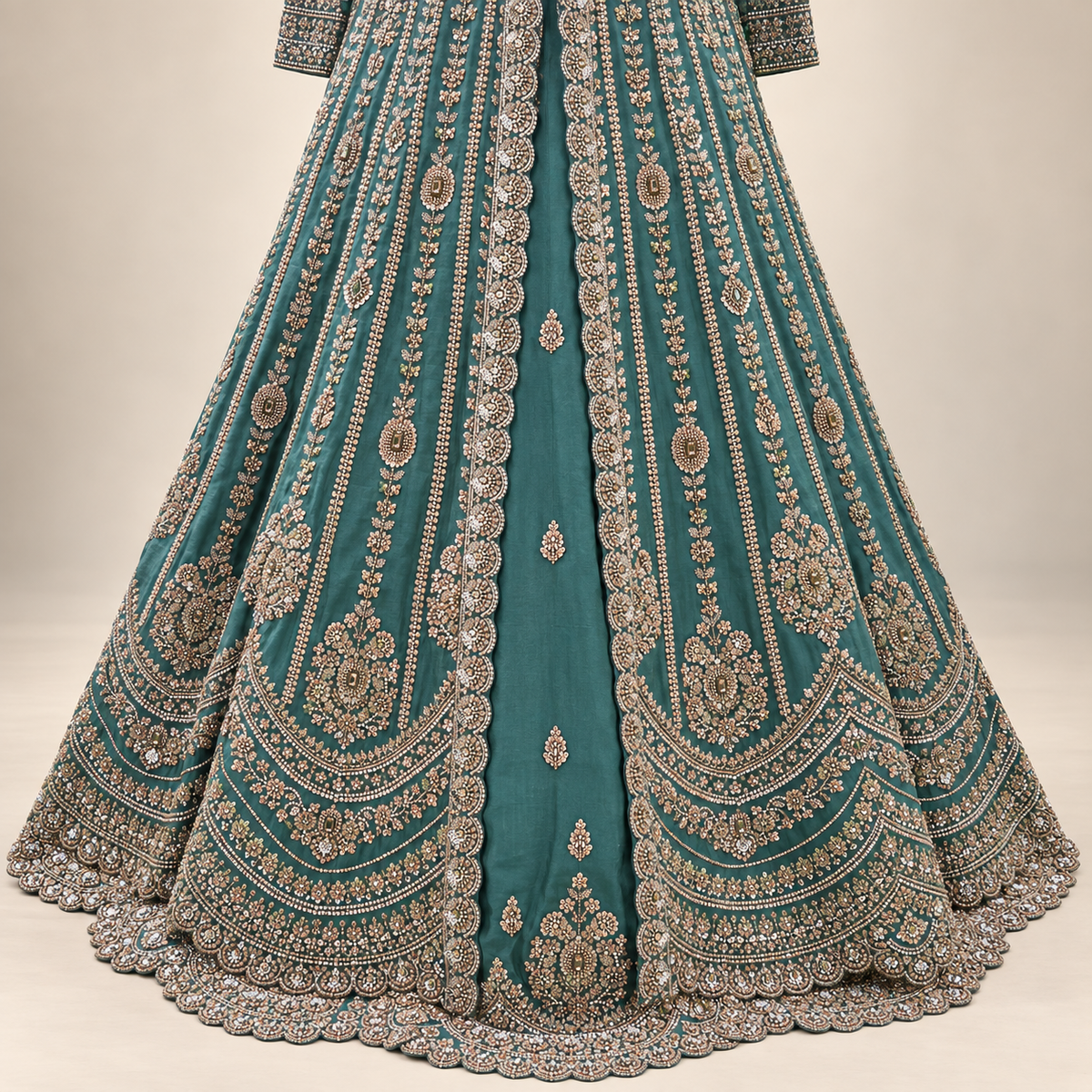 Emerald Green Embellished Front-Cut Gown with Dupatta
