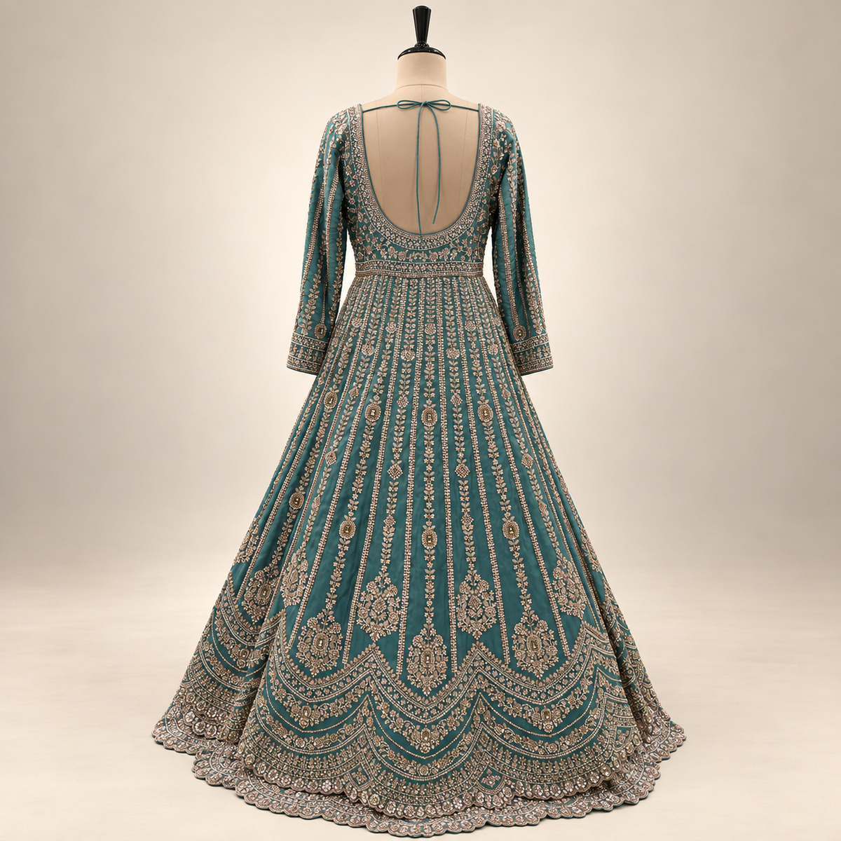 Emerald Green Embellished Front-Cut Gown with Dupatta